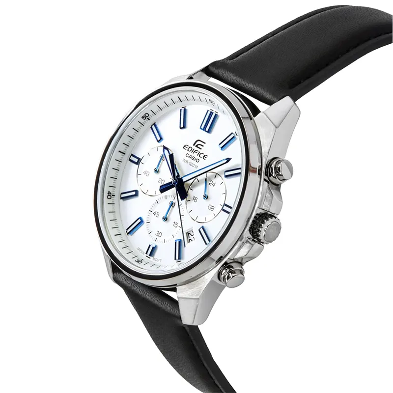 Casio Edifice Chronograph Silver Dial Leather Men's Watch- EFV-650L-7AV
